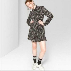 Ditsy Dark Floral Western Long Sleeve Shirt Dress with Beaded Collar and Yoke